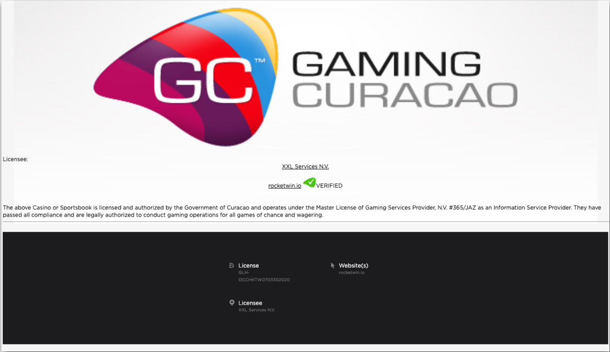 ロケットウィンのキュラソーライセンス